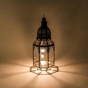 Farol marroquí de cristal y forja octagonal para velas