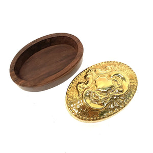 Joyero árabe de madera y latón ovalado Gold abierto