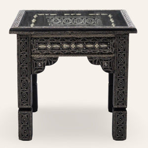 Mesa marroquí de madera chapada con alpaca y hueso blanco
