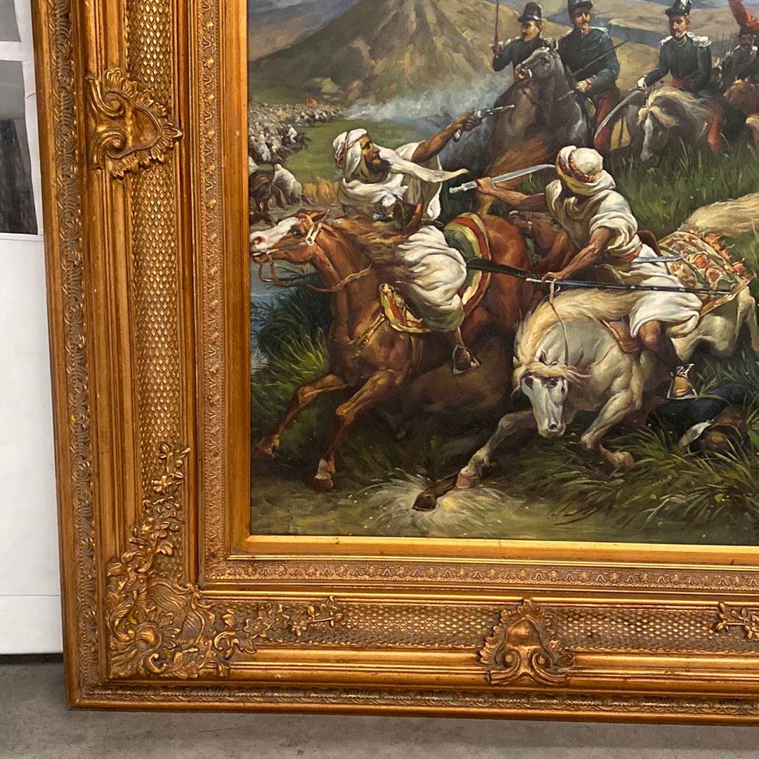 Cuadro dorado lienzode batalla histórica en oriente