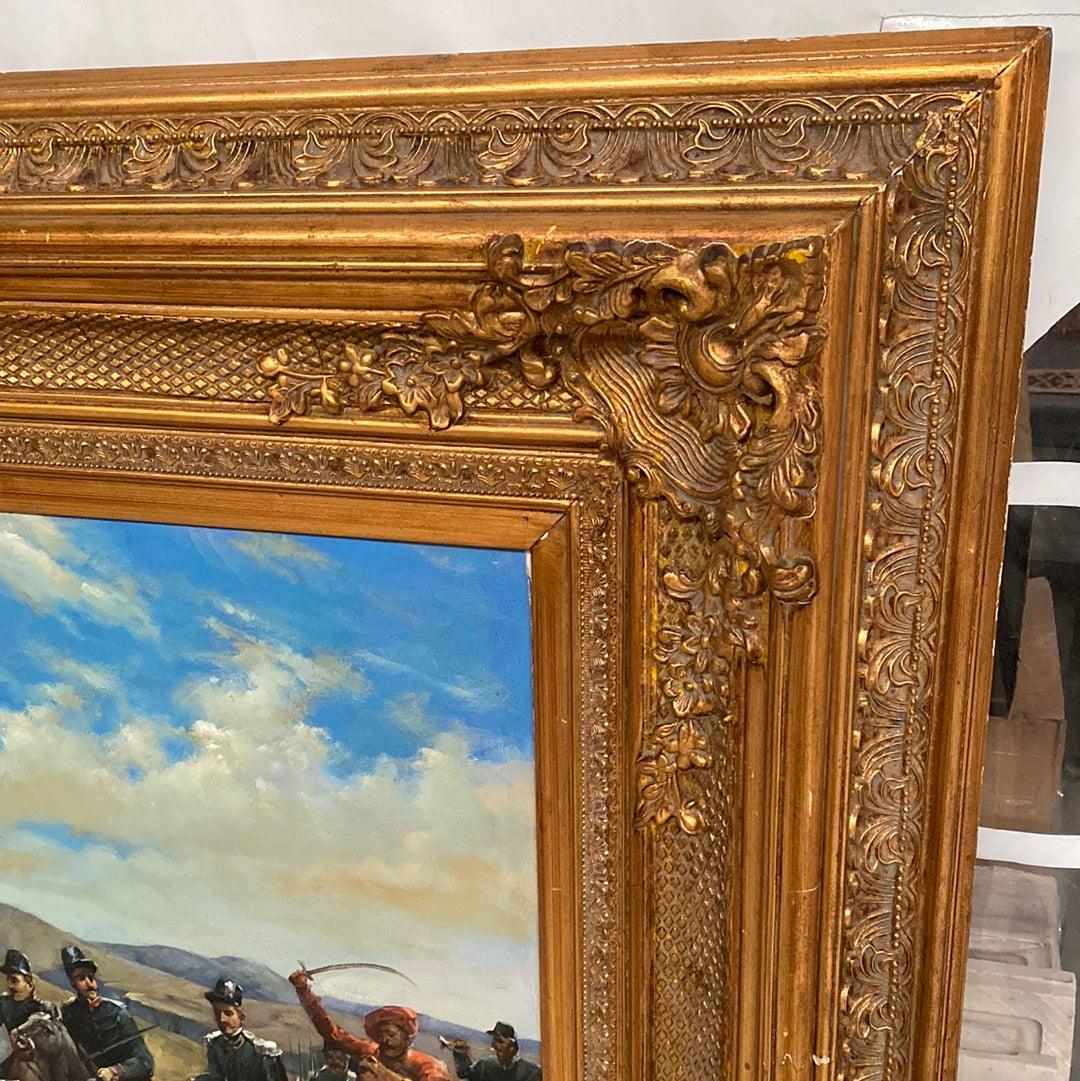 Cuadro dorado lienzode batalla histórica en oriente