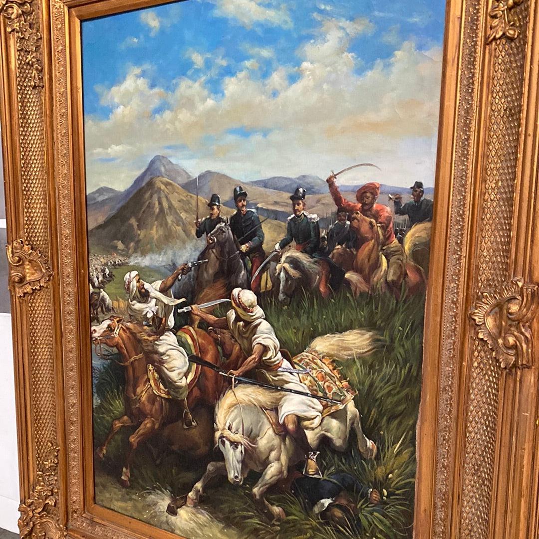 Cuadro dorado lienzode batalla histórica en oriente