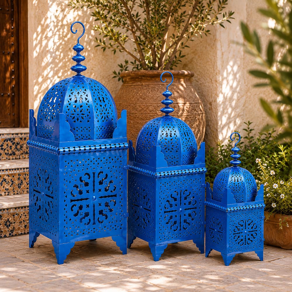 farol marroquí cuadrado forja azul patio