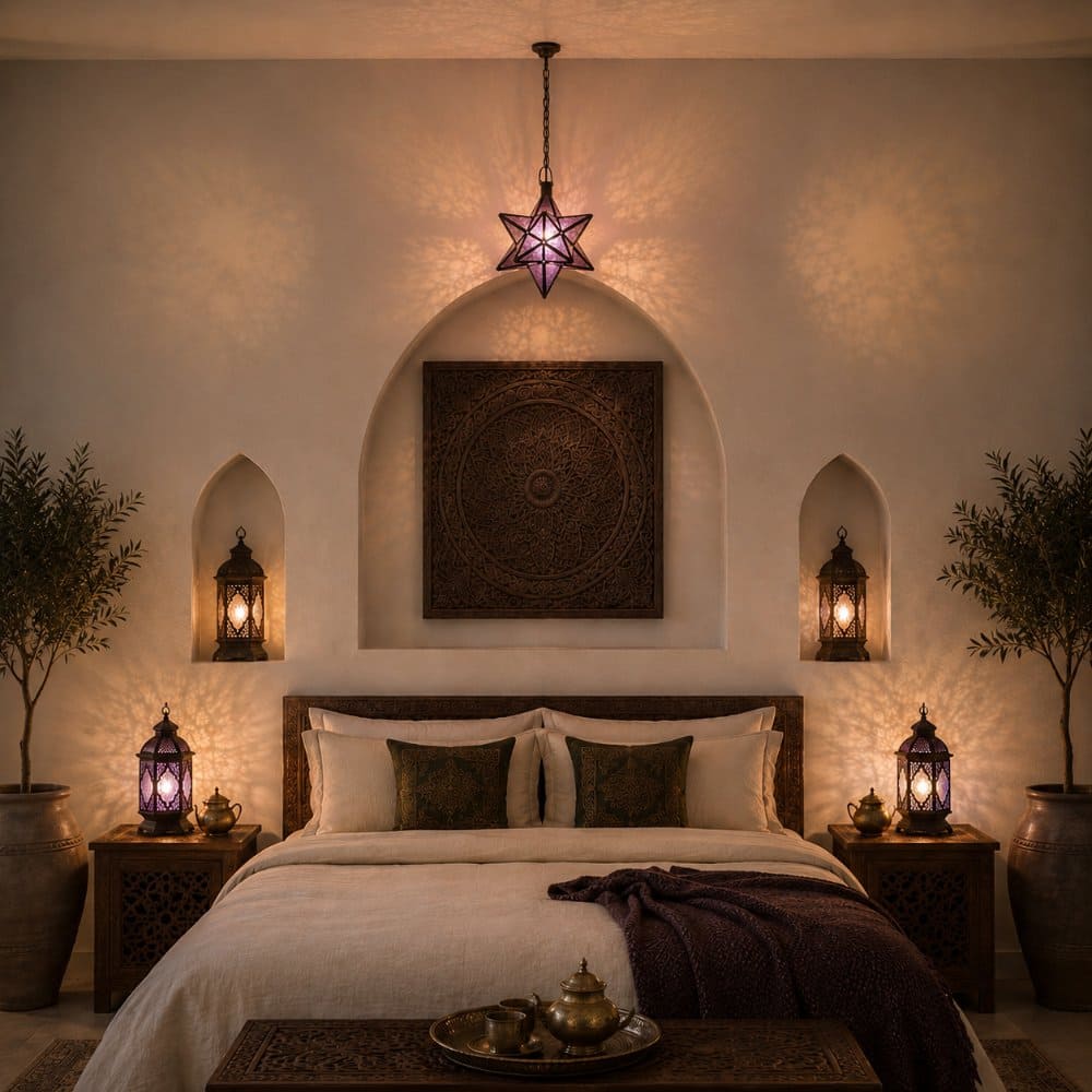 lámpara árabe estrella cristal violeta dormitorio