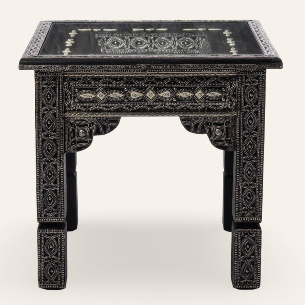 Mesa marroquí de madera chapada con alpaca y hueso blanco