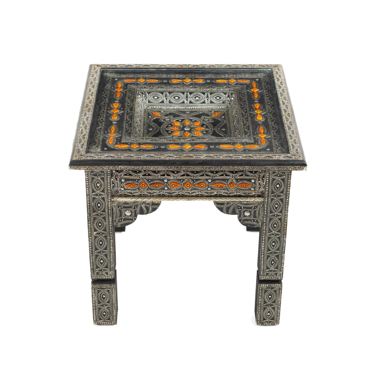 Mesa marroquí de madera chapada con alpaca y hueso naranja