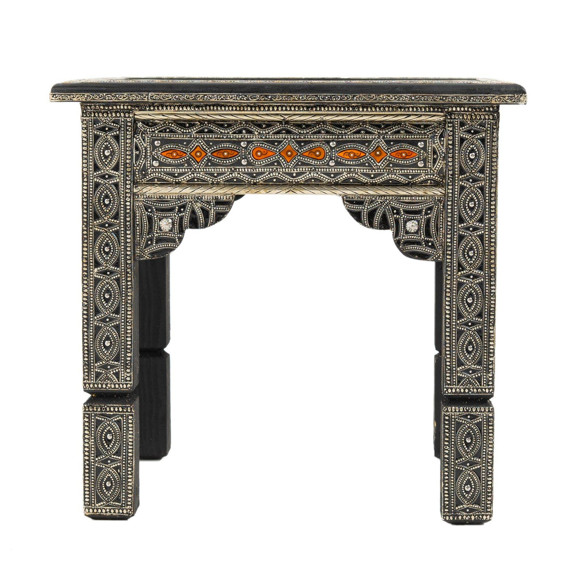 Mesa marroquí de madera chapada con alpaca y hueso naranja