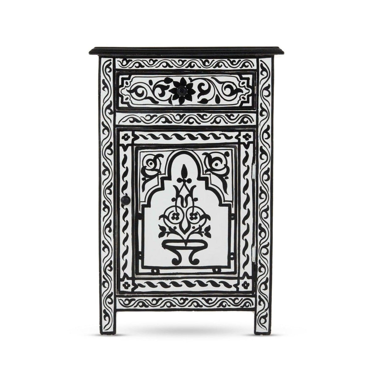 Mesita de noche árabe blanca y negra pintada a mano