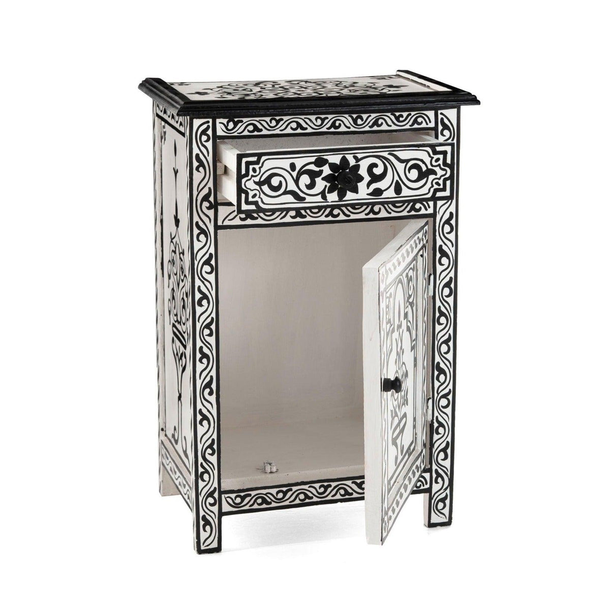 Mesita de noche árabe blanca y negra pintada a mano