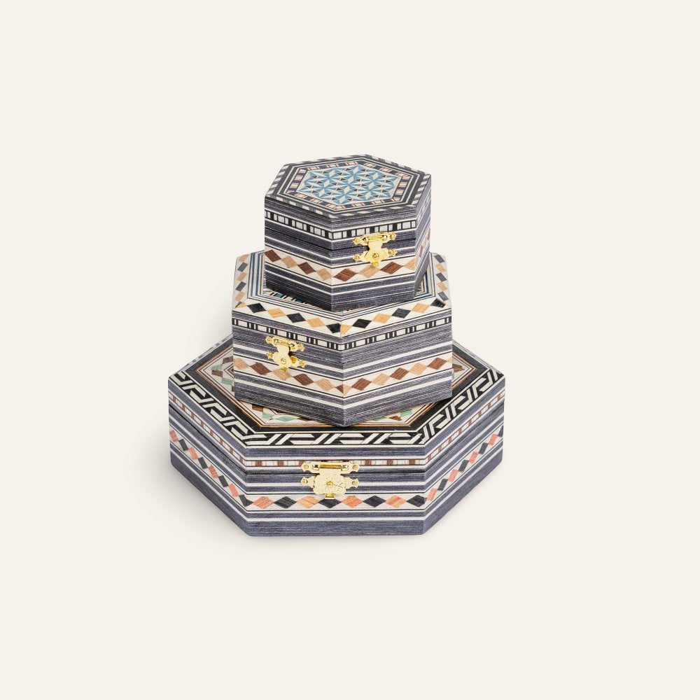 polvera taracea granadina hexagonal set
