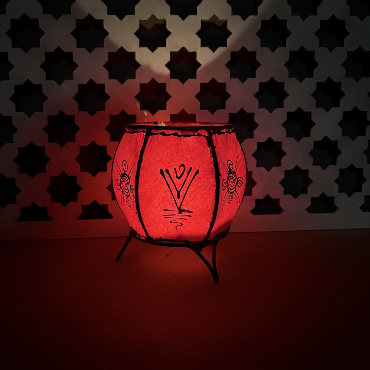 portavelas marroquí piel henna rojo redondo