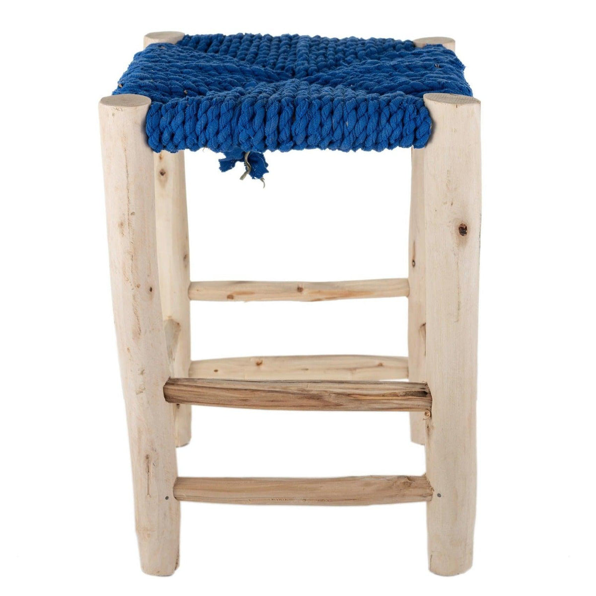 Taburete marroquí de madera y anea azul