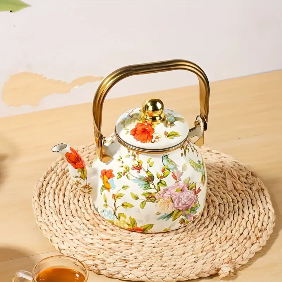 tetera grande esmalte porcelana pájaros flores