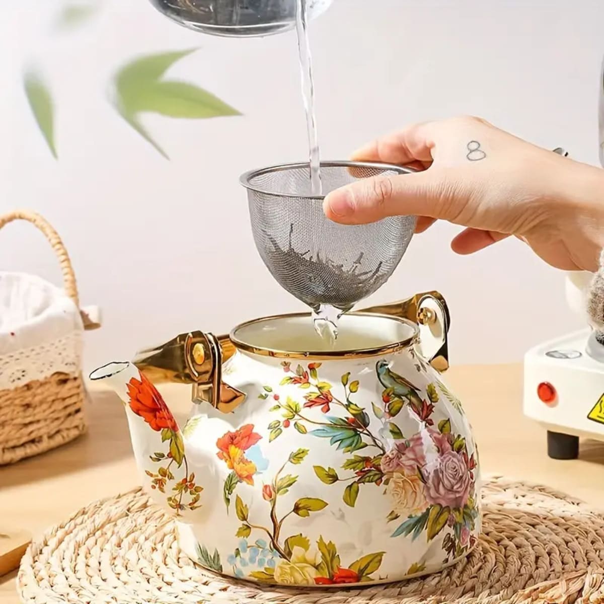 tetera grande esmalte porcelana pájaros